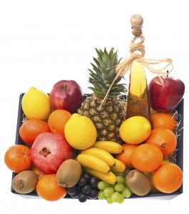 assorted fruits and bottle of wine
